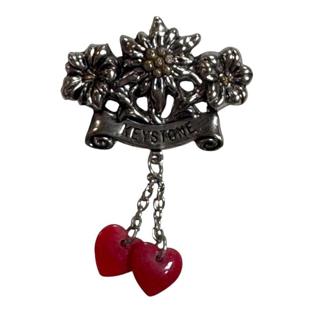 Vintage Keystone Floral Brooch Dangling Red Heart Charm Silver Tone Souvenir Pin